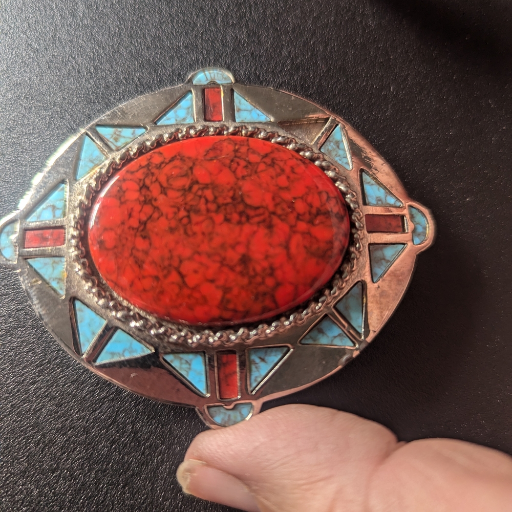 Handmade Native American Red and Turquoise Stone Belt Buckle.